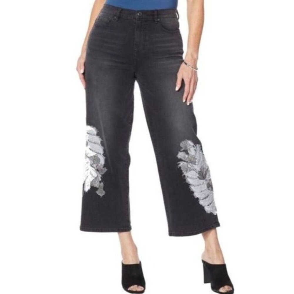 DG2 Diane Gilman Embroidered Cropped Wide Leg Jeans Size 14 Black 696-858